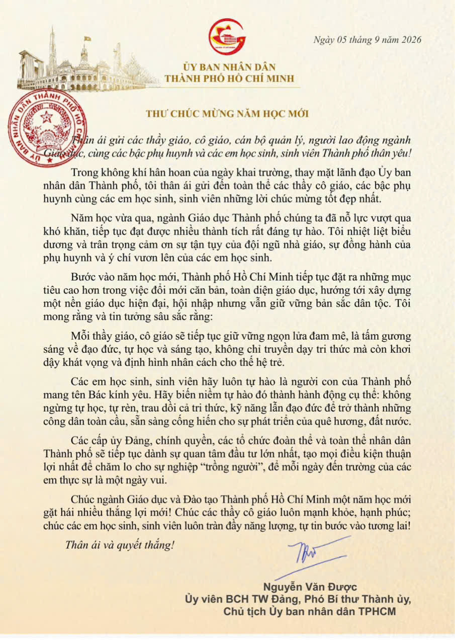Thư chúc mừng năm học mới (UBND TP Hồ Chí Minh)