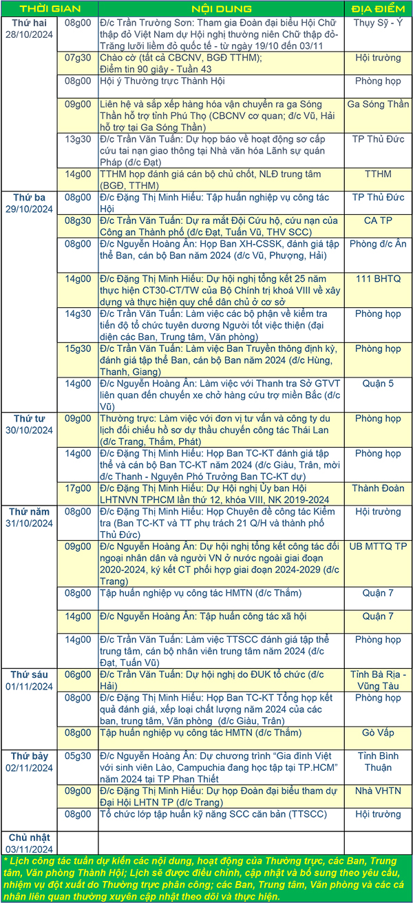 Lịch công tác tuần 44/2024
