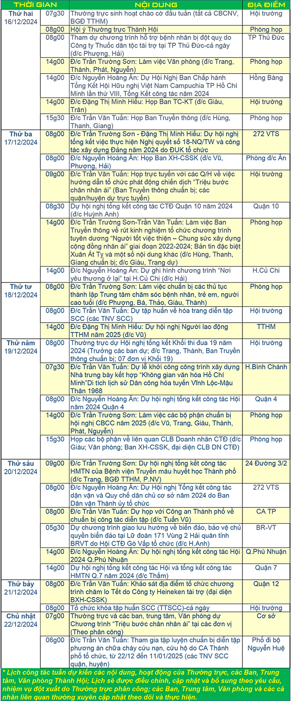 Lịch công tác tuần 51/2024