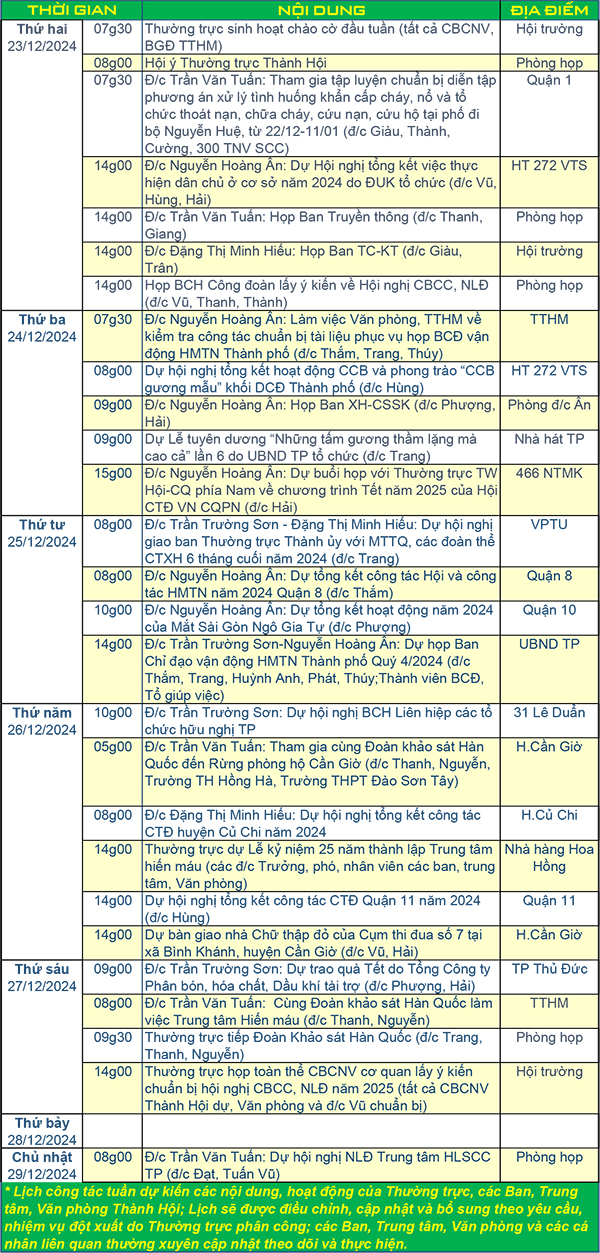 Lịch công tác tuần 52/2024