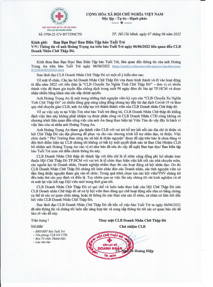 Công văn 0706 - Câu lạc bộ Doanh nhân Chữ thập đỏ thông tin về anh Hoàng Trọng An trên báo Tuổi trẻ ngày 06/6/2022