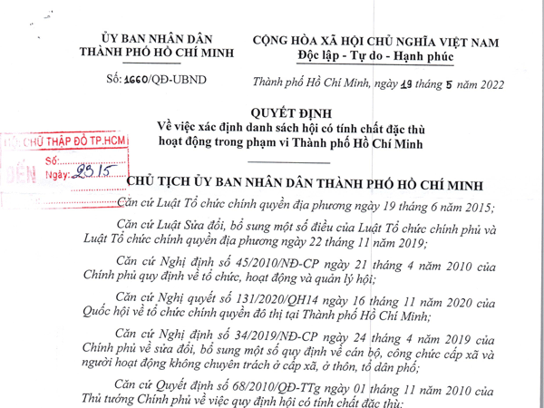 Quyết định 1660/QĐ-UBND ngày 19/5/2022 V/v xác định danh sách hội có tính chất đặc thù hoạt động trong phạm vi Thành phố Hồ Chí Minh